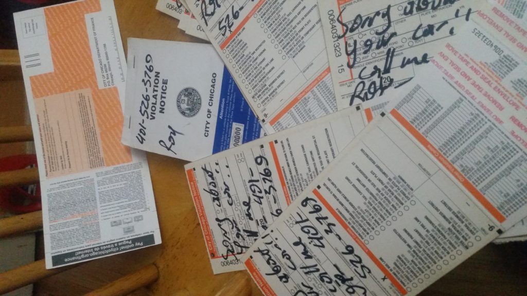 Mike has been writing his car ding notes onto a book of parking tickets